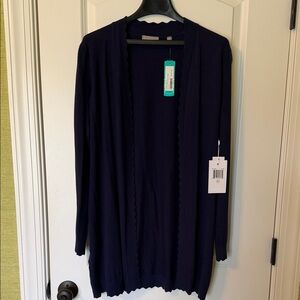 Scalloped-Trim Open-Front Cardigan Sweater in Navy